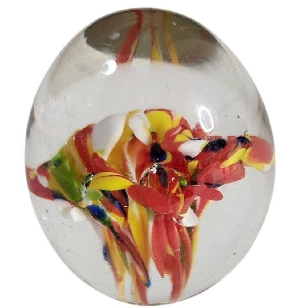 Glass Paperweight yellow orange flower floral Swirl artsy cottagecore